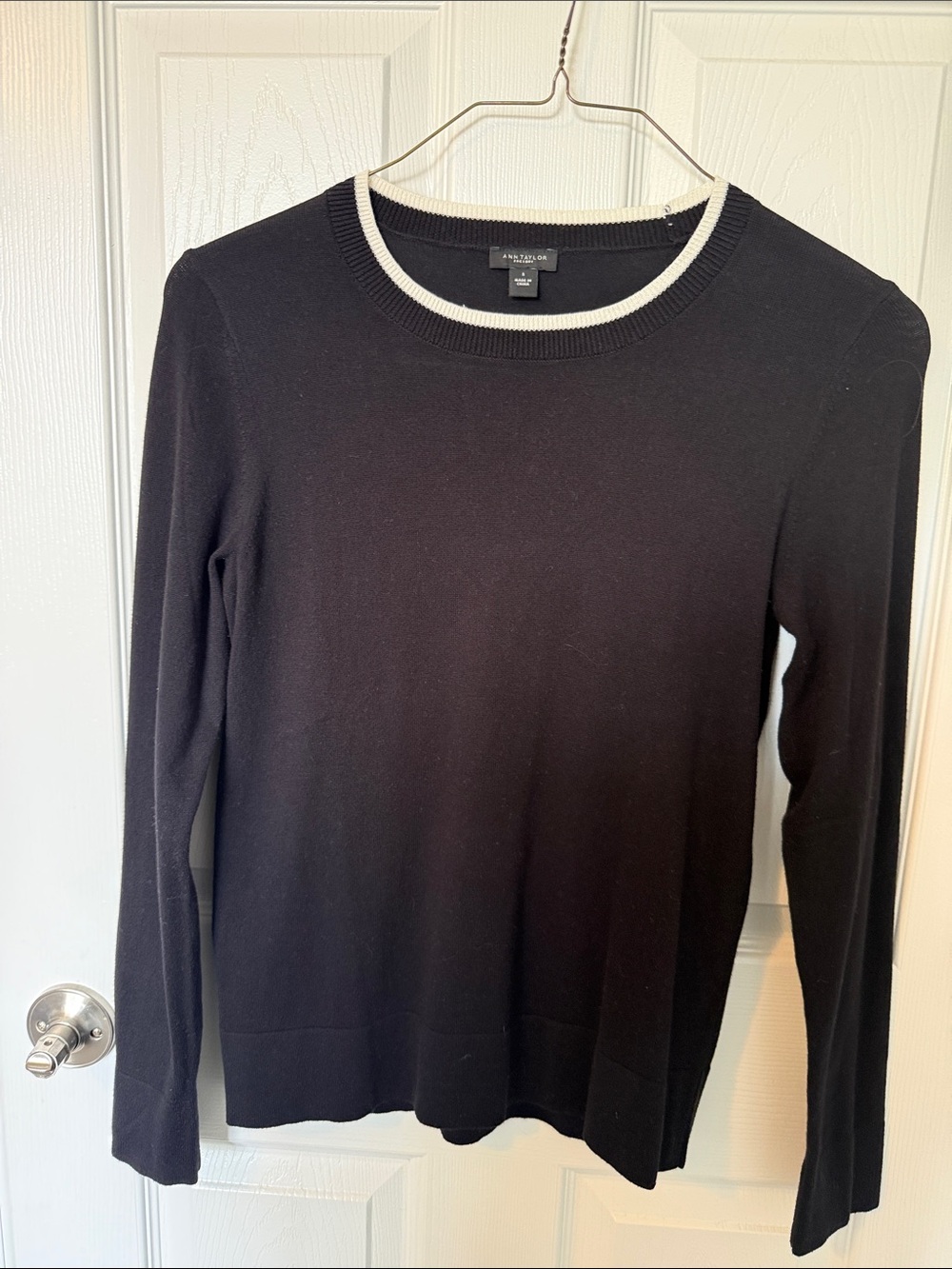 Ann Taylor Black Crewneck Sweater with white Trim